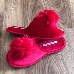 Victoria’s Secret Red Pom Pom Slippers Small NWOT